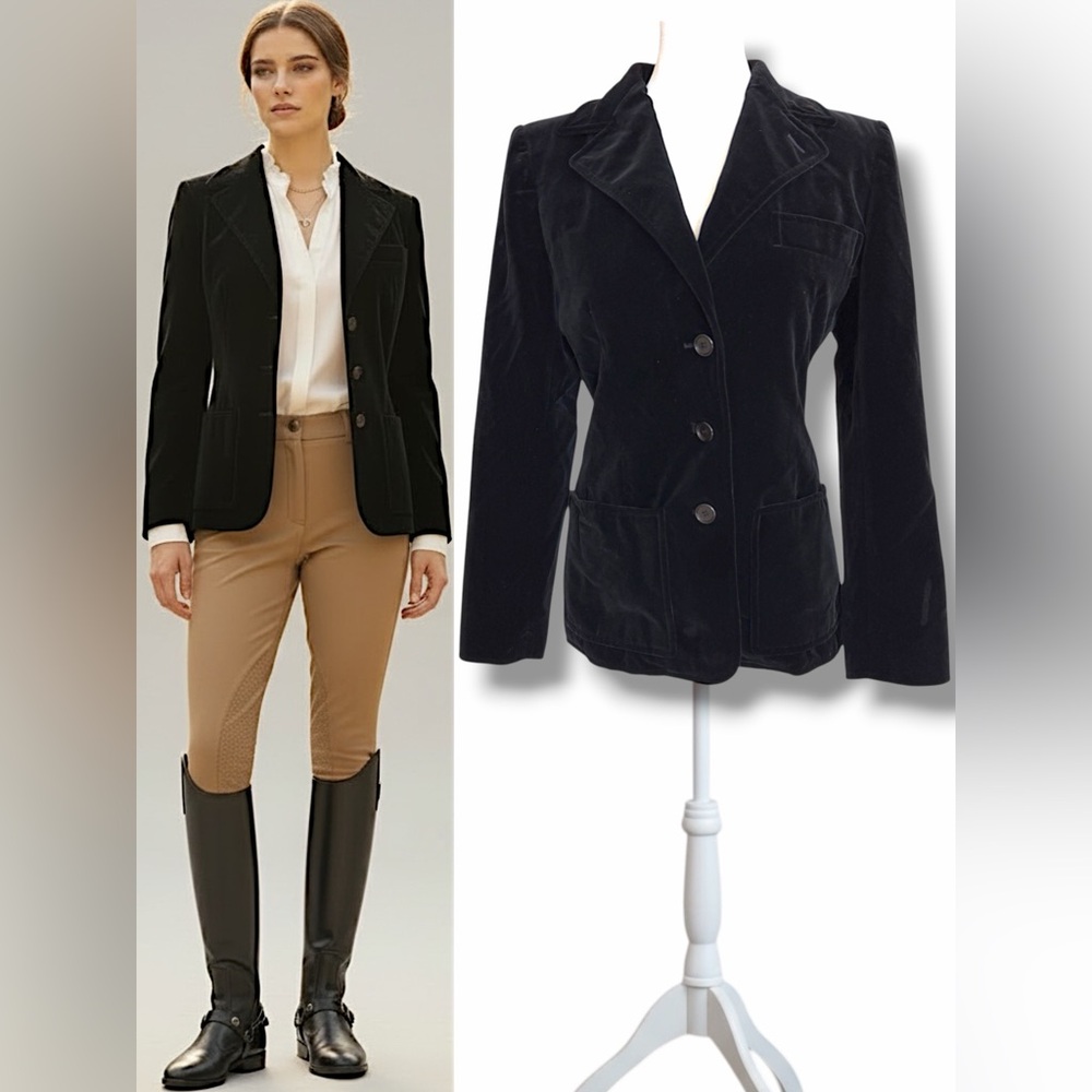 90s Saint Laurent Rive Gauche Black Velvet Blazer 38 4 6 Equestrian Edwardian